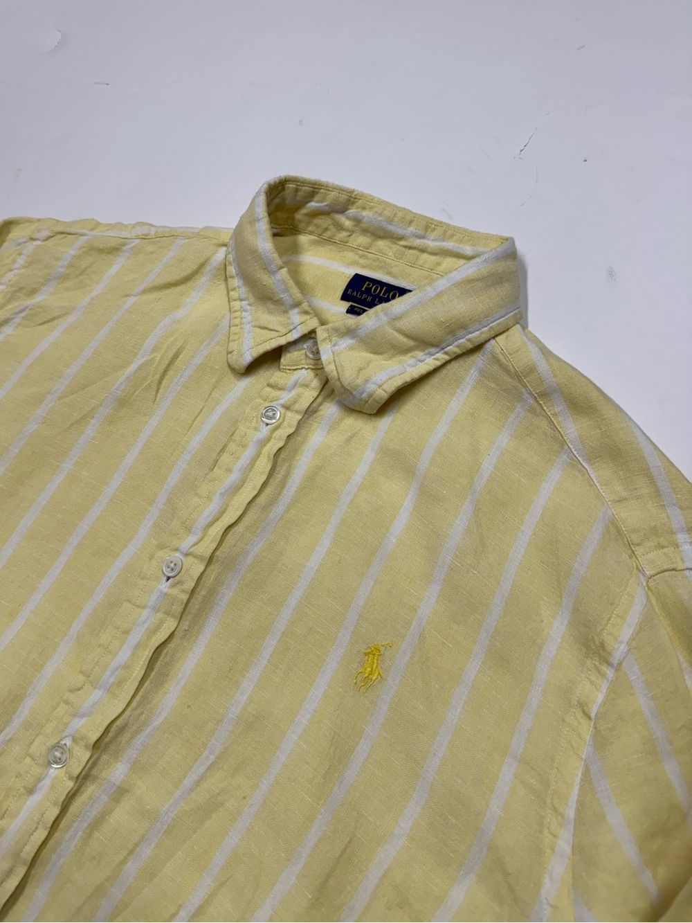 Polo Ralph Lauren Relaxed Fit Linen Shirt Mens L Yellow White Stripe Long Sleeve